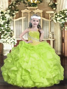 Yellow Green Ball Gowns Beading Kids Formal Wear Lace Up Organza Sleeveless Floor Length