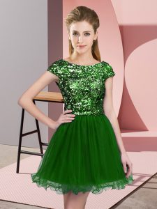 Eye-catching Green Cap Sleeves Tulle Zipper Quinceanera Dama Dress for Prom and Party and Wedding Party