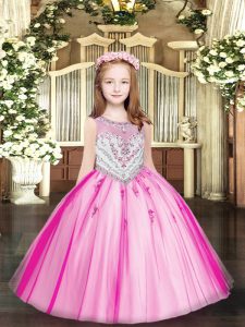 Fancy Fuchsia Pageant Gowns For Girls Party and Quinceanera with Beading and Appliques Scoop Sleeveless Zipper