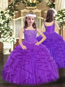 Purple Ball Gowns Beading and Ruffles Girls Pageant Dresses Lace Up Tulle Sleeveless Floor Length