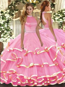 Pink Sleeveless Organza Backless Sweet 16 Quinceanera Dress for Military Ball and Sweet 16 and Quinceanera