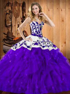 Comfortable Purple Sweet 16 Quinceanera Dress Military Ball and Sweet 16 and Quinceanera with Embroidery and Ruffles Sweetheart Sleeveless Lace Up