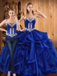 Royal Blue Lace Up Sweetheart Embroidery and Ruffles Quinceanera Gown Organza Sleeveless