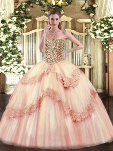 Tulle Sleeveless Floor Length Quinceanera Dress and Beading and Appliques