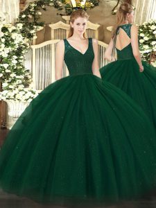 Pretty Sleeveless Floor Length Beading Zipper Ball Gown Prom Dress with Dark Green