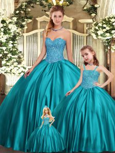 Dramatic Floor Length Lace Up Sweet 16 Dresses Teal for Military Ball and Sweet 16 and Quinceanera with Beading