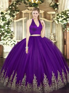 Floor Length Two Pieces Sleeveless Dark Purple Sweet 16 Quinceanera Dress Zipper