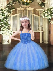 Baby Blue Ball Gowns Spaghetti Straps Sleeveless Organza Floor Length Lace Up Beading and Ruffles Winning Pageant Gowns