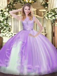 Fine Lavender Backless Scoop Lace and Ruffles 15th Birthday Dress Organza Sleeveless