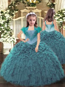 Fashion Teal Lace Up Straps Beading and Ruffles Pageant Dresses Organza Sleeveless