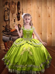 Yellow Green Ball Gowns Off The Shoulder Sleeveless Satin Floor Length Lace Up Beading and Embroidery Child Pageant Dress