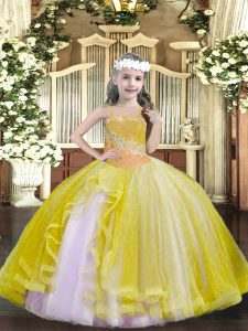 Simple Floor Length Lace Up Child Pageant Dress Light Yellow for Party and Quinceanera with Beading