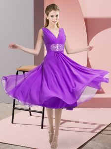 Glamorous Purple Chiffon Side Zipper Quinceanera Court of Honor Dress Sleeveless Knee Length Beading