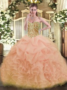 Sweetheart Sleeveless Lace Up Quince Ball Gowns Peach Organza
