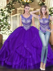 Floor Length Lace Up Ball Gown Prom Dress Purple for Military Ball and Sweet 16 and Quinceanera with Beading and Ruffles