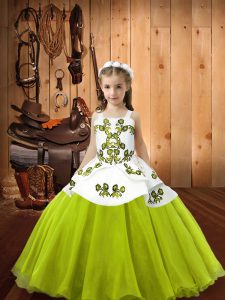 Affordable Yellow Green Lace Up Straps Embroidery Pageant Dress Wholesale Organza Sleeveless