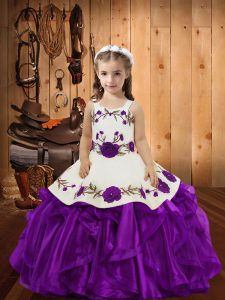 Custom Fit Purple Ball Gowns Straps Sleeveless Organza Floor Length Lace Up Embroidery and Ruffles Kids Formal Wear