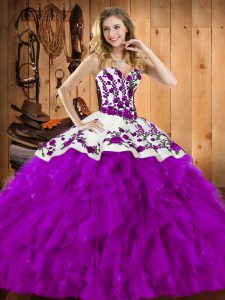 Eggplant Purple Ball Gowns Satin and Organza Sweetheart Sleeveless Embroidery and Ruffles Floor Length Lace Up Ball Gown Prom Dress