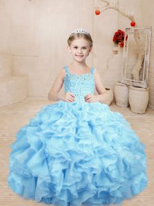 Baby Blue Straps Neckline Beading and Ruffles Kids Formal Wear Sleeveless Lace Up