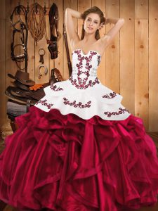 Floor Length Burgundy 15th Birthday Dress Satin and Organza Sleeveless Embroidery and Ruffles