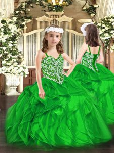 Stunning Green Organza Lace Up Straps Sleeveless Floor Length Little Girls Pageant Dress Beading and Ruffles