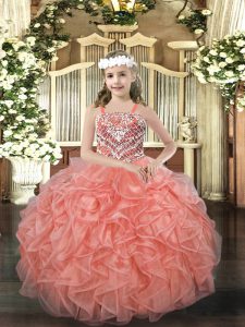 Excellent Orange Red Ball Gowns Beading and Ruffles Custom Made Pageant Dress Lace Up Organza Sleeveless Floor Length