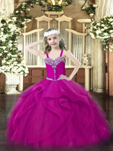 Straps Sleeveless Little Girls Pageant Dress Wholesale Floor Length Beading and Ruffles Fuchsia Organza