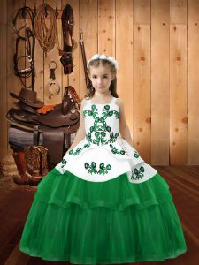 Popular Green Lace Up Straps Embroidery Pageant Gowns For Girls Tulle Sleeveless