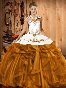 Brown Satin and Organza Lace Up Halter Top Sleeveless Floor Length Sweet 16 Dress Embroidery and Ruffles