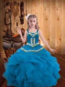 Blue Straps Lace Up Embroidery and Ruffles Little Girl Pageant Gowns Sleeveless