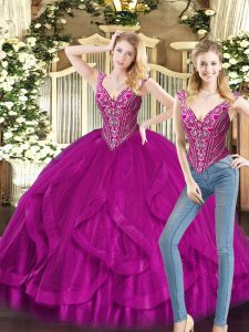 Romantic V-neck Sleeveless Quince Ball Gowns Floor Length Beading and Ruffles Fuchsia Organza