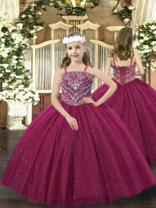 Top Selling Fuchsia Ball Gowns Straps Sleeveless Tulle Floor Length Lace Up Beading Little Girl Pageant Dress