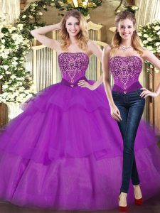 Classical Floor Length Eggplant Purple Quinceanera Dress Tulle Sleeveless Beading and Ruffled Layers