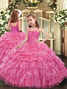 Simple Rose Pink Lace Up Straps Beading and Ruffled Layers and Pick Ups Kids Pageant Dress Organza Sleeveless