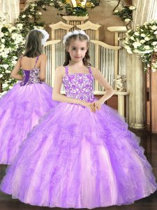 Lavender Lace Up Straps Beading and Ruffles Child Pageant Dress Tulle Sleeveless