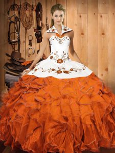 Fantastic Halter Top Sleeveless Lace Up Sweet 16 Dresses Orange Red Satin and Organza