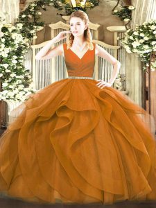 Extravagant Ball Gowns Sweet 16 Dresses Brown V-neck Tulle Sleeveless Floor Length Zipper