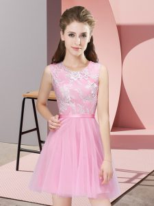 Perfect Lace Quinceanera Dama Dress Pink Side Zipper Sleeveless Mini Length