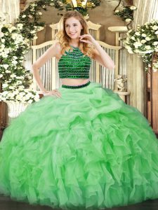 Lovely Apple Green Sleeveless Floor Length Beading and Ruffles Zipper Sweet 16 Quinceanera Dress