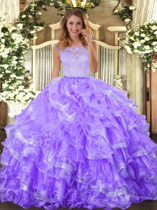 Lavender Ball Gowns Scoop Sleeveless Organza Floor Length Clasp Handle Lace and Ruffled Layers Vestidos de Quinceanera