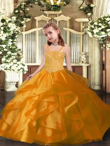 Exquisite Orange Ball Gowns Organza Straps Sleeveless Beading and Ruffles Floor Length Lace Up Kids Pageant Dress