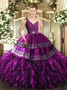 Beading and Ruffles and Ruching Quinceanera Dress Purple Backless Sleeveless Floor Length