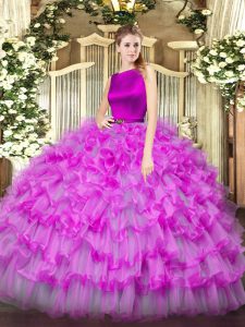 Fitting Fuchsia Ball Gowns Scoop Sleeveless Organza Floor Length Clasp Handle Ruffled Layers Quinceanera Gowns