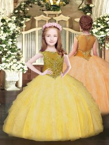 Gold Sleeveless Beading and Ruffles Floor Length High School Pageant Dress