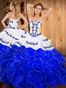 Satin and Organza Strapless Sleeveless Lace Up Embroidery and Ruffles Sweet 16 Quinceanera Dress in Blue And White