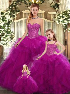 Classical Fuchsia Lace Up Sweetheart Beading and Ruffles Quinceanera Gown Organza Sleeveless