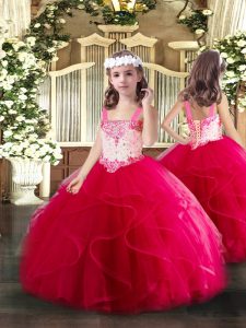 Admirable Sleeveless Tulle Floor Length Lace Up Girls Pageant Dresses in Hot Pink with Beading and Ruffles