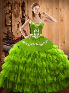 High Class Sleeveless Floor Length Embroidery and Ruffled Layers Lace Up Quince Ball Gowns