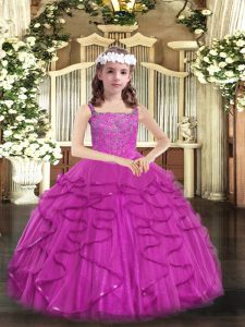 Sleeveless Tulle Floor Length Lace Up Pageant Dress for Teens in Fuchsia with Beading and Ruffles