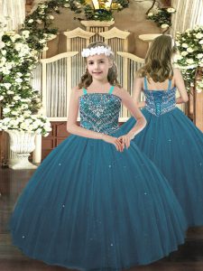 High Class Teal Ball Gowns Beading Little Girls Pageant Gowns Lace Up Tulle Sleeveless Floor Length